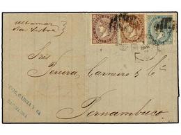 268 ESPAÑA. Ed.98, 99, 100. 1869. BARCELONA A PERNAMBUCO (Brasil). <B>50 Mils.</B> Violeta, <B>100 Mils</B>. Castaño Y < - Other & Unclassified