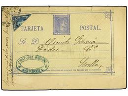 343 ESPAÑA. Ed.175. 1877. CORDOBA A SEVILLA. Entero Postal De <B>5 Cts.</B> Azul Con Sello De <B>10 Cts.</B> Azul Bisect - Altri & Non Classificati