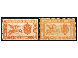 395 ** ESPAÑA. Ed.256 (2). <B>20 Cts.</B> Rojo Y Naranja. 2 Sellos Bien Centrados, Un Sello Reengomado Y El Otro Con Lev - Autres & Non Classés