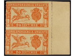 396 ** ESPAÑA. Ed.256sh. <B>20 Cts.</B> Rojo. Pareja Vertical <B>SIN DENTAR EN MEDIO</B>. Goma Tonalizada E ínfimo Plieg - Autres & Non Classés