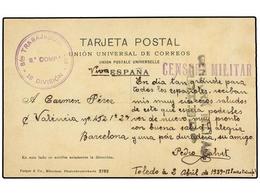 900 ESPAÑA GUERRA CIVIL. 1939. TOLEDO A BARCELONA. Tarjeta Postal. Marca <B>Bon TRABAJADORES 129 / 19 DIVISIÓN.</B> - Altri & Non Classificati