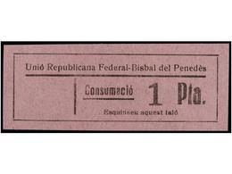 921 ESPAÑA GUERRA CIVIL. <B>BISBAL DEL PENEDÈS. Unió Republicana Federal. 20 Cts. </B>naranja Y <B>1 Pta.</B> Lila. No R - Altri & Non Classificati