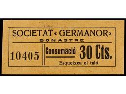 922 ESPAÑA GUERRA CIVIL. <B>BONASTRE. Societat 'GERMANOR'. 30 Cts.</B> Castaño Claro. No Reseñado. - Andere & Zonder Classificatie