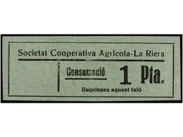 928 ESPAÑA GUERRA CIVIL. <B>LA RIERA. Societat Cooperativa Agrícola. 30 Cts.</B> Rojo Y <B>1 Pta.</B> Verde Azul. No Res - Other & Unclassified