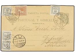 1122 MARRUECOS. 1896. TANGER A ALEMANIA. Entero Postal De <B>5 Cts.</B> Verde Con Franqueo Adicional De <B>1/4 Cto.</B>  - Otros & Sin Clasificación