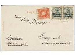 1125 COLONIAS ESPAÑOLAS: MARRUECOS. 1902. TANGER A AUSTRIA. Tarjeta Postal Con Sello De <B>10 Cts.</B> Rojo De España Y  - Otros & Sin Clasificación