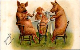CPA Cochon Fantaisie Pig Position Humaine Circulé - Schweine