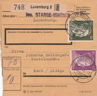 30 + 40 Pf Op Pakketkaart Luxemburg 2 Naar Esch (Alzig) - Op Verso In Rood "Zustellgebühr V 15 Rpf...". - 1940-1944 Duitse Bezetting