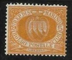 1877 San Marino Saint Marin CIFRA O STEMMA 5c Giallo (2) MLH* - Ongebruikt