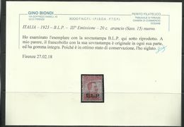 ITALY KINGDOM ITALIA REGNO 1921 1922 BLP  CENTESIMI 20c III TIPO MNH CERTIFICATO - Sellos Para Sobres Publicitarios