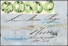 3 Kr., Fünf Exemplare Mit Rs. Reco-Frankatur 1863, 10 Kr. Blau (beim Öffnen Durchtrennt) Auf Brief Von Prag Nach Wien. S - Autres & Non Classés