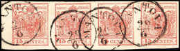 Gest. 15 C., Prächtiger Waagr. Viererstreifen, Ringsum Breitrandig, Li. Mit 5,5 Mm Bogenrand (zweite Marke Etwas Bügig), - Other & Unclassified