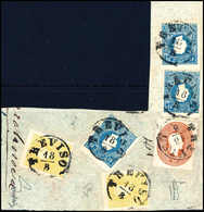 Briefst. 2 So. Gelb, Zwei Exemplare Mit Dreimal 15 So. Blau (eine Marke Runde Ecke) In Mischfrankatur Mit 10 So. Rötlich - Other & Unclassified