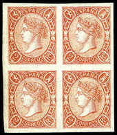 ** 1865, Isabella II., 2 R. Fleischrot, Völlig Postfr., Ringsum Breitrand. Geschnittener Luxus-Viererblock. Eine Extrem  - Autres & Non Classés