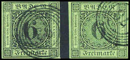 Gest. 6 Kr. A. Blaugrün Und A. Gelbgrün, Zwei Breitrandige Luxusstücke In Stark Unterschiedl. Nuancen. (Michel: 3b(2)) - Other & Unclassified