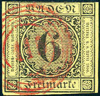 Gest. 6 Kr., Prachtstück Mit Leuchtend Rotem Stempel "115" RASTATT. (Michel: 7) - Autres & Non Classés