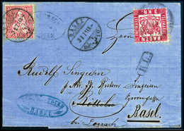 Mischfrankatur Baden/Schweiz: 3 Kr. Zusammen Mit Schweiz Sitzende Helvetia 1867, 10 C. Karmin Auf Schönem Blauem Faltbri - Altri & Non Classificati