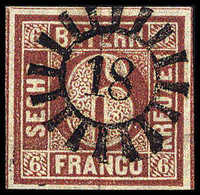 Gest. 6 Kr., Schönes Breitrandiges Exemplar In Tiefer, Rötlichbrauner Nuance, Zentr. MR "18" AUGSBURG (kl. Beanstdg.).<b - Autres & Non Classés