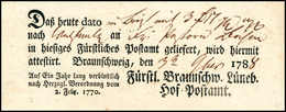 Beleg 1788, Braunschweig, Seltener Postschein "Fürstl. Braunschw. Lüneb. Hof-Postamt". - Other & Unclassified