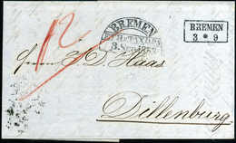 1853, BREMEN, R2 Nebst HK BREMEN Des Taxis-Postamts Auf Luxusbrief Nach Dillenburg. - Other & Unclassified