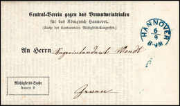 Beleg 1863, HANNOVER, Blauer K2 Auf Seltener Portofreiheits-Drucksache "Central-Verein Gegen Das Branntweintrinken". - Otros & Sin Clasificación