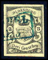 Gest. 3 Gr., Kabinettstück Mit Blauem R2 VAREL, Fotobefund Bühler.<br/><b>Katalogpreis: 750,-</b> (Michel: 8) - Other & Unclassified