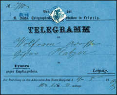 Beleg 1867, Leipzig, Blaues Vordruck-Telegramm Im Ortsverkehr (leichte Beförd.-Spuren) Mit Weißem Aufkleber Und Darüberg - Other & Unclassified