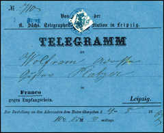 Beleg 1867, Leipzig, Blaues Vordruck-Telegramm Im Ortsverkehr (leichte Beförd.-Spuren) Mit Weißem Aufkleber Und Darüberg - Otros & Sin Clasificación