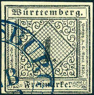 Gest. 1 Kr., Kab.-Stück Mit Blauem K2 LUDWIGSBURG, Sign. Thoma, Irtenkauf BPP.<br/><b>Katalogpreis: 130,-</b> (Michel: 1 - Altri & Non Classificati