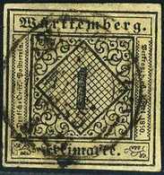 Gest. 1 Kr., Breitrand. Kab.-Stück Mit Zentr. K2 STUTTGART, Doppelt Sign. Irtenkauf BPP.<br/><b>Katalogpreis: 300,-</b>  - Altri & Non Classificati