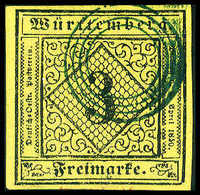 Gest. 3 Kr., Kab.-Stück Mit Sauber Aufges. Stummem Vierringstempel Von Tübingen. Selten, Mehrfach Sign. (Stempel Mi.7 =  - Sonstige & Ohne Zuordnung