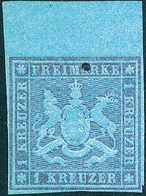 O. Gummi 1 Kr. Lilabraun A. Hellblau, Neudruck 1865, Tadellos Ungebr. Oberrandstück, Befund Irtenkauf BPP. (Michel: 11ND - Sonstige & Ohne Zuordnung