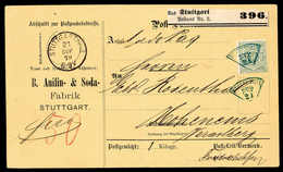 Beleg 50 Pfg., Tadellose EF Mit Blauem Fächerstempel STUTTGART 21/9 (1879) Auf Kpl. Gelber Paketkarte (etwas Bügig) Nach - Other & Unclassified