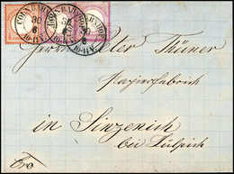 ¼ Gr., Zwei Exemplare Mit ½ Gr. Ziegelrot Auf Schönem Blauem Prachtbrief, Klare K2 CÖLN BAHNHOF 30/6 (1872). (Michel: 1( - Altri & Non Classificati
