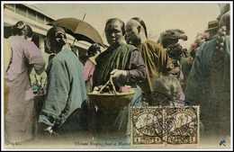 Beleg 1911, "Chinese Buying Food At Market", Seltene Kolorierte Foto-AK, Bildseitig Frankiert Mit Paar 1 C. Und Stempel  - Other & Unclassified