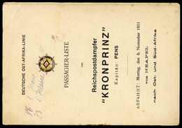 Beleg RPD "Kronprinz", Gedruckte Passagierliste Vom 6.11.1911 Für Die Fahrt Von Neapel Nach Ost- Und Südafrika. - Autres & Non Classés