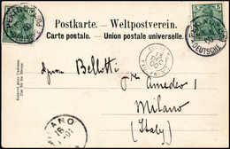 Beleg 5 Pfg., Zwei Exemplare (eines Etwas An Den Rand Geklebt) Auf Bedarfs-Postkarte Nach Mailand, Klare Stempel PEKING  - Other & Unclassified