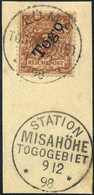 Briefst. STATION MISAHÖHE 9/12 98, Klar Beiges. Auf Tadellosem Bfstk. 3 Pfg. LOME TOGOGEBIET, Sign. Steuer BPP. (Michel: - Altri & Non Classificati