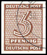 Gest. 3 Pfg., Abart: Ungezähnt, Wz. Y, Tadelloses Exemplar Mit Sauber Aufges. Stempel LEIPZIG O. 40 "d" 30/3 46. Eine Se - Other & Unclassified