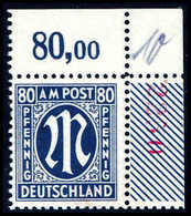 ** 80 Pfg., Tadellos Postfr. Aus Der Re. Ob. Bogenecke Mit Roter Bogenzähl-Nr."2250".<br/><b>Katalogpreis: 450,-</b> (Mi - Altri & Non Classificati