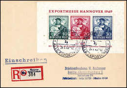 Beleg Hannovermesse-Block, Tadelloser Messe-R-Brief Mit SST Nach Berlin Gelaufen.<br/><b>Katalogpreis: 450,-</b> (Michel - Altri & Non Classificati