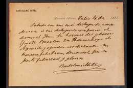 BARTOLOME MITRE SIGNATURE.  1899 Printed Personal Card With Long Manuscript Message, Signed BARTOLOME MITRE, President O - Other & Unclassified