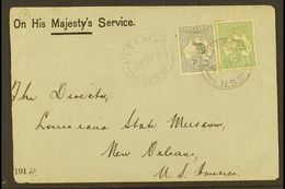OFFICIALS ON COVER  1914 "OHMS" Cover To USA, Franked With ½d & 2d Roos Punctured "OS / NSW," Tied By ULTIMO 8.9.14 Post - Altri & Non Classificati
