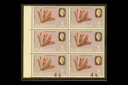 1970  4c On 5c Coral, Left Marginal Block Of Six, With The Upper Block Of Four Without Surcharge, SG 398a, Never Hinged  - Barbados (...-1966)