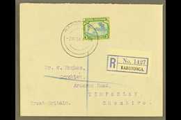 1938  (2nd May) Neat Envelope Registered To England, Bearing 3s Greenish Blue And Green, SG 129, Tied Rarotonga First Da - Cook