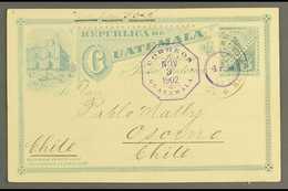 1902  (3 Nov) 3c Bluish-green Postal Stationery Card Commercially Used From Guatemala City To Chile Showing A Fine Viole - Guatemala