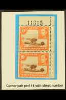 1941  10c Red-brown And Orange, Perf 14, SG 134b, A Never Hinged Mint CORNER PAIR With Sheet Number In Top Margin. (2 St - Vide