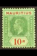 1913-22  10r Green & Red/green On Emerald (olive Back), SG 204b, Very Fine Mint For More Images, Please Visit Http://www - Mauritius (...-1967)