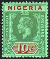 1920  10s Green And Red On Emerald Green (pale Olive Back), SG 11c, Very Fine And Fresh Mint. For More Images, Please Vi - Nigeria (...-1960)