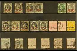 POSTAL FISCAL STAMPS  1883-1885 (SG F21/28) Mint, Unused & Used Selection On A Stock Card. Includes 1883 1d X4 (11mm Opt - St.Lucia (...-1978)